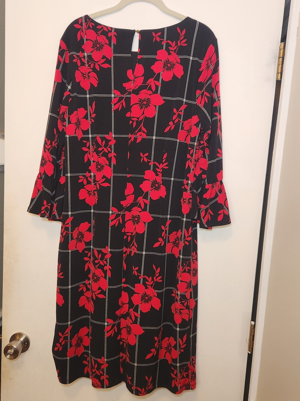 Liz Claiborne Black Dress with Red Floral Print and Windowpane L